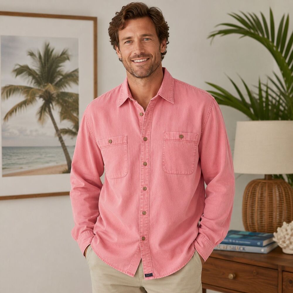 Tommy Bahama Indigo Palms Men's Coral Pink Cotton Button Up Shirt XL